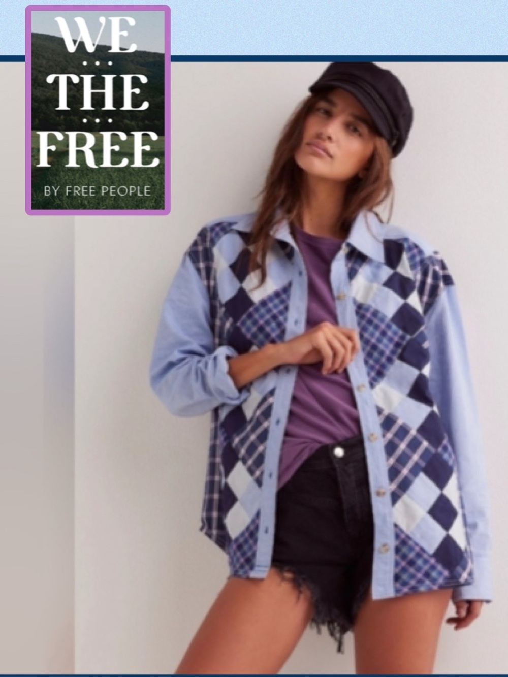 🆕 Free People We The Free Argyle Plaid Shirt Blue patchwork oversized XS